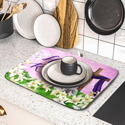 Giwawa Easter Purple Dish Drying Mat, He is Risen Cross Lamb Floral Dish Drainer Mats, Spring Lily Flowers Reversible Dish Drying Rack Pad Protector for Kitchen Countertop Decor, 16"x18"