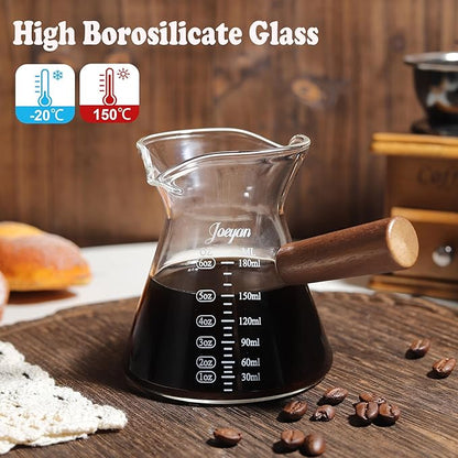 Joeyan 6 oz Glass Measuring Cup with Double Spouts,Clear Borosilicate Espresso Shot Glasses with Wooden Handle,Milk Creamer Frothing Pitcher Barista Coffee Carafe - Image 2