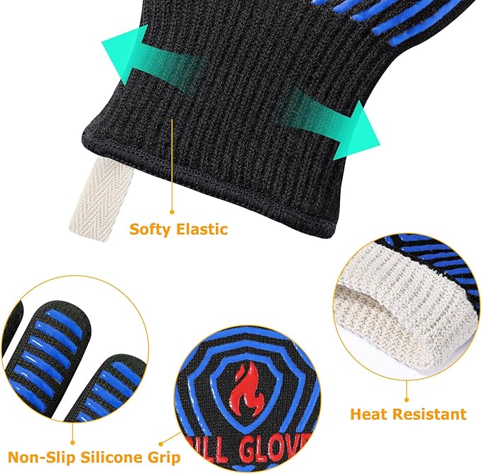 QUWIN BBQ Gloves, Oven Gloves 1472℉ Extreme Heat Resistant, Grilling Gloves Silicone Non-Slip Oven Mitts, Kitchen Gloves for BBQ, Grilling, Cooking, Baking-1 Pair (One Size Fits Most, Black/Blue) - Image 5