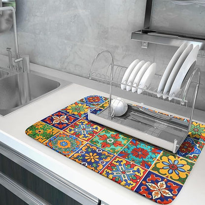 Mexican Tiles Dish Drying Mat for Kitchen Counter Absorbent Microfiber Dish Drying Pad Kitchen Gadgets Multi-use - Image 5