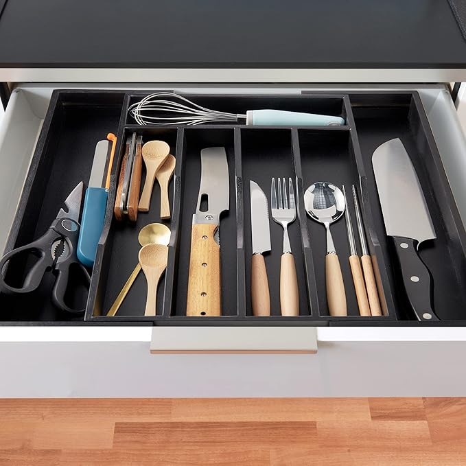 2-Piece Expandable Bamboo Kitchen Drawer Organizer for Cutlery and Utensils, Adjustable Bamboo Wood Cutlery Tray in Drawer for Flatware and Silverware in Kitchen, (Black) - Image 4
