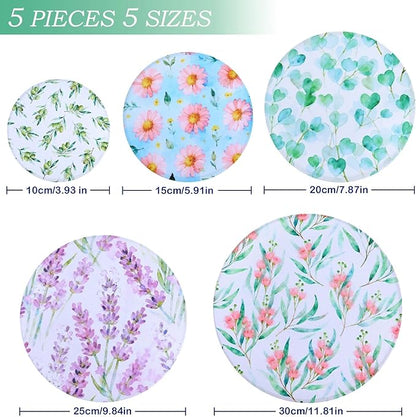 5 Pieces Bowl Covers Reusable, 5 Size Elastic Cloth Bowl Covers for Bread Proofing Stretch Food Covers Washable for Food Fruits Leftover (Pink Floral Eucalyptus leaves) - Image 2