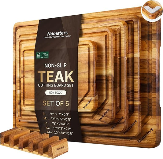 5 Pack Teak Wood Cutting Board Set for Kitchen with Holder Charcuterie Board Serving Heavy Duty Non Toxic Slip Hardwood Over Sink Solid Thick Wooden Chopping Board Large Big Small Best Essential Gift by Unknown