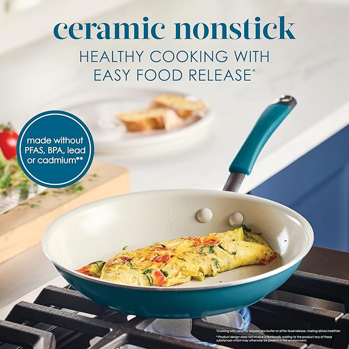 Rachael Ray Cucina Ceramic Cookware Set - 13 Pieces - Ceramic Pots and Pans Set w/Nonstick Frying Pans, Saute Pan, Saucepans, Stockpot, Lids, Pan Protectors & Cooking Utensils - Marine Blue - Image 3
