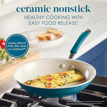 Rachael Ray Cucina Ceramic Cookware Set - 13 Pieces - Ceramic Pots and Pans Set w/Nonstick Frying Pans, Saute Pan, Saucepans, Stockpot, Lids, Pan Protectors & Cooking Utensils - Marine Blue - Image 3