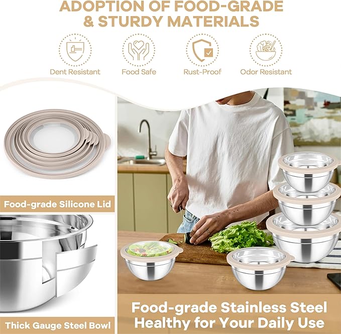 TeamFar Mixing Bowls, 4.5/3/1.5/1/0.7 QT Stainless Steel Nesting Salad Bowls with Visible Lids, For Serving/Mixing/Storing, Non-Toxic & Heavy Duty, Airtight & Easy Clean, Khaki, Set of 5 - Image 3