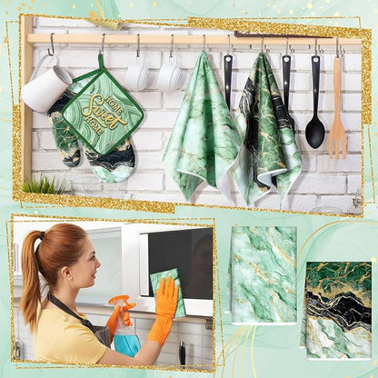 Bencailor 6 Pcs Marble Kitchen Decor Gold Pot Holders Oven Mitts 2 Dish Towels 2 Farmhouse Cooking Mittens Oven Glove and Potholder for Baking Cooking Grilling Supply Accessories(Green)