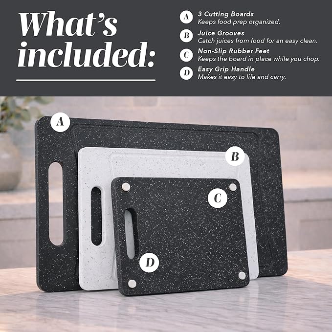 COOK WITH COLOR Non-Slip Cutting Board Set – Kitchen Essentials with Easy Grip Handle for Meat, Veggies, and Fruits, 3 Cutting Boards, Black/White - Image 2
