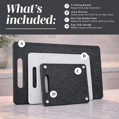 COOK WITH COLOR Non-Slip Cutting Board Set – Kitchen Essentials with Easy Grip Handle for Meat, Veggies, and Fruits, 3 Cutting Boards, Black/White - Image 2