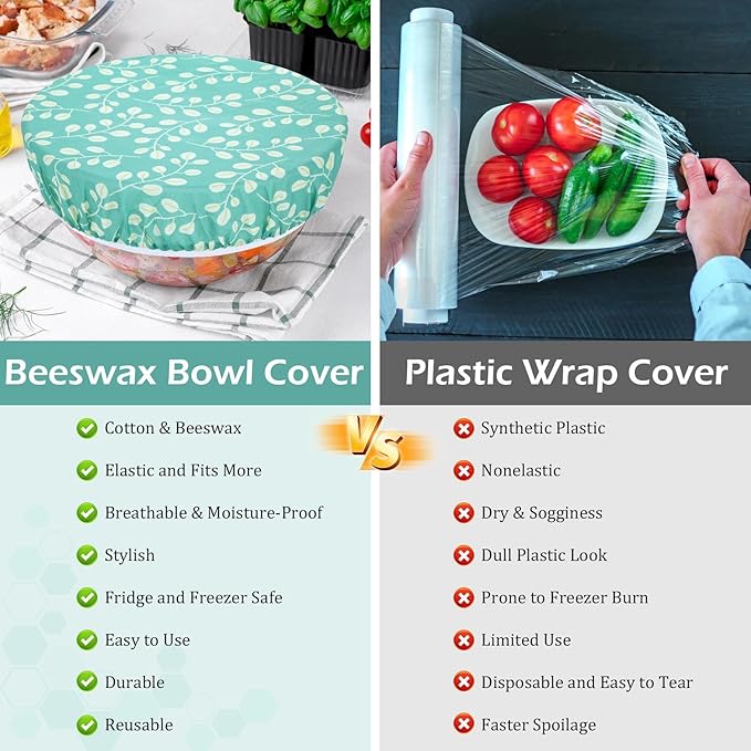5-Size Reusable Beeswax Bowl Covers for Bread Proofing, Cotton Cloth Flexible Beeswax Wraps for Food Storage(Green Leaves) - Image 7