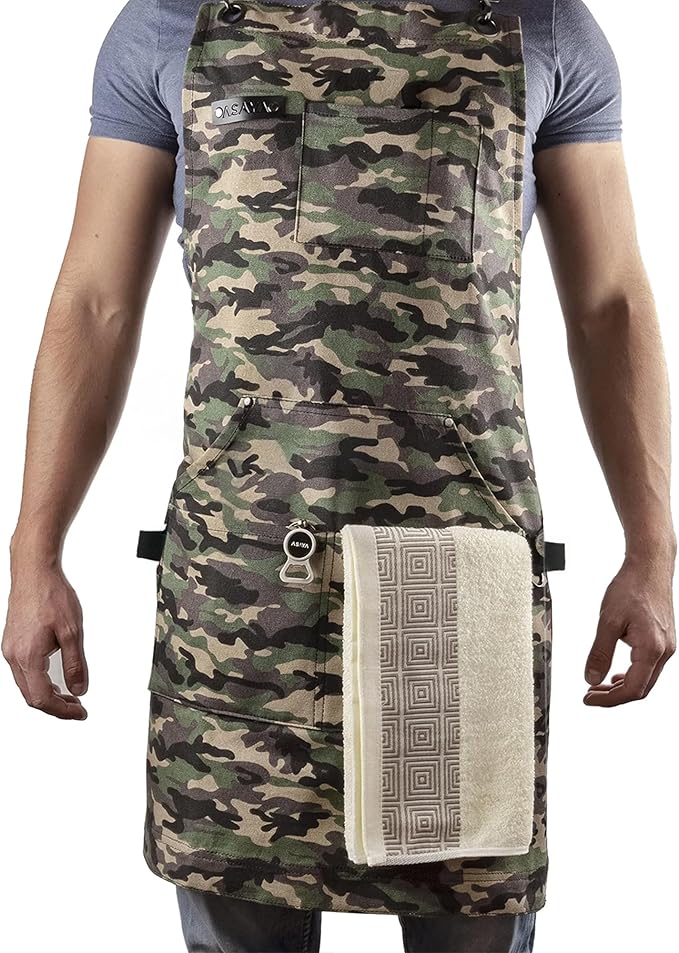 Asaya Chef and BBQ Apron with Bottle Opener and Hand Towel - 10oz Cotton Canvas, Stainless Steel Hardware - Cross Back Straps by AsayaChefProducts