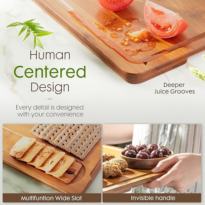 Astercook Deep-Carbonized Bamboo Cutting Boards for Kitchen with Wood Storage Stand, Reversible Charcuterie & Chopping Boards with Juice Grooves and Easy-Grip Handles, Mothers Day Gifts - Image 3