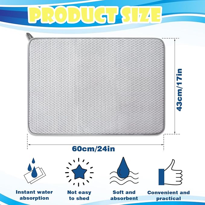 3 Pack Microfiber Dish Drying Mat,24 x 17 inch Super Absorbent Drying Pad,Large Size Dish Drying Mat for Countertops,Sinks,Draining Racks,Gray - Image 2