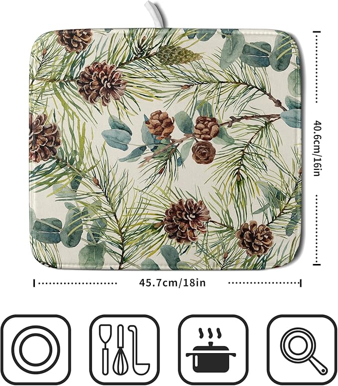 Winter Dish Drying Mat for Kitchen Counter 16x18 Christmas Evergreen Leaves Pinecone Holiday Theme Absorbent Reversible Microfiber Drying Mats Kitchen Countertop Protector Dishes Drainer Pad - Image 2