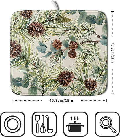 Winter Dish Drying Mat for Kitchen Counter 16x18 Christmas Evergreen Leaves Pinecone Holiday Theme Absorbent Reversible Microfiber Drying Mats Kitchen Countertop Protector Dishes Drainer Pad - Image 2