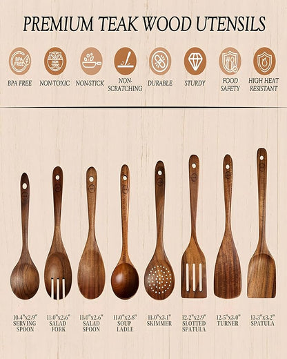 8-Piece Natural Teak Wood Utensil Set - Essential Nonstick Cooking Spoons & Spatulas, Eco-Friendly Tools - Image 3