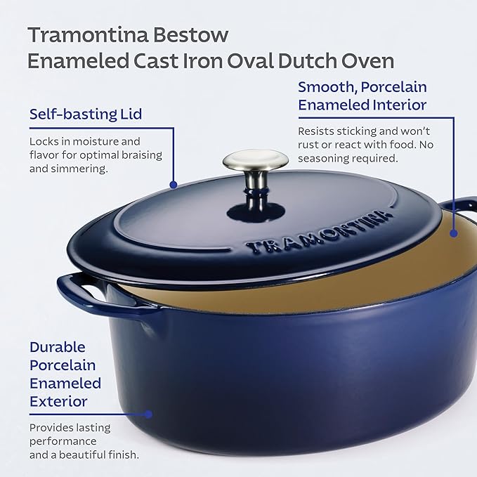 Tramontina Bestow Enameled Cast Iron Oval Dutch Oven Pot with Lid, Large 7-quart, Blue - Image 5