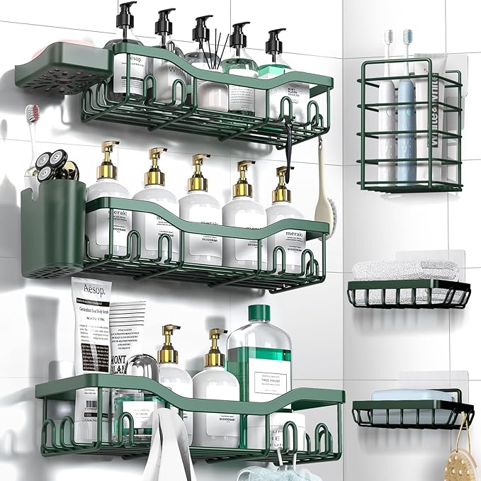 NESOMI Shower Caddy Adhesive Shower Organizer 8-Pack, Rustproof Stainless Steel Bathroom Shelves, Large Capacity No-Drill Rack Storage Accessories with Soap Dish Toothbrush Holder Hooks by OrganizeYourHomeEssentials