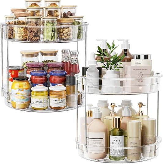 LAMU 2 Pack 2 Tier Lazy Susan Turntable Organizer 12inch Rotating Spice Rack Organization for Cabinet, Kitchen, Pantry, Countertop, Bathroom, Vanity, Medicine Cabinet Organizer, Clear by YourHome-OrganizationHelper