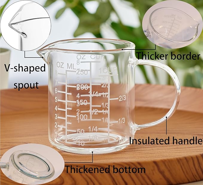 Ackers Mirror Scale Glass Measuring Cup-[Insulated handle | V-Shaped Spout]-Made of High Borosilicate Glass Measuring Cup for Kitchen or Restaurant, Easy to Read, 250 ML (8 Oz, 1 Cup) - Image 2