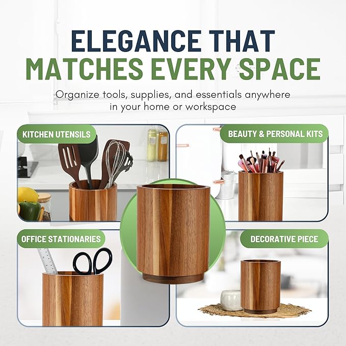 Linda's Essentials Acacia Wooden Utensil Holder for Kitchen Counter, 7.2" Wood Utensil Holder Counter, Kitchen Utensils Holder with 360° Rotation, Non-Slip Large Utensils Holders, Spatula Holders - Image 7