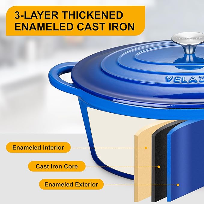 Velaze 7.5 QT Enameled Oval Dutch Oven Pot with Lid, Cast Iron Dutch Oven with Dual Handles for Bread Baking, Cooking, Frying, Non-stick Enamel Coated Cookware（Blue) - Image 4