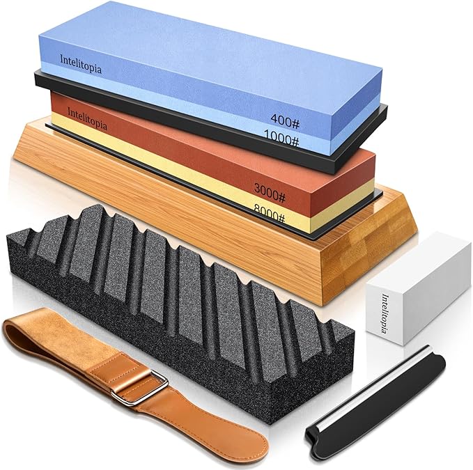 Intelitopia Complete Knife Sharpening Stone Set – Dual Grit Whetstone 400/1000 3000/8000 Knife Sharpener with Leather Strop, Flattening Stone, Bamboo Base, 3 Non-slip Rubber Bases & Angle Guide by Intelitopia