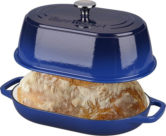 VORRINGARD Enameled Cast Iron Dutch Oven Pot with Dome Lid, Oval Bread Oven for Homemade Sourdough Bread Baking, Oven Safe up to 500°F, 6 Quart, Blue