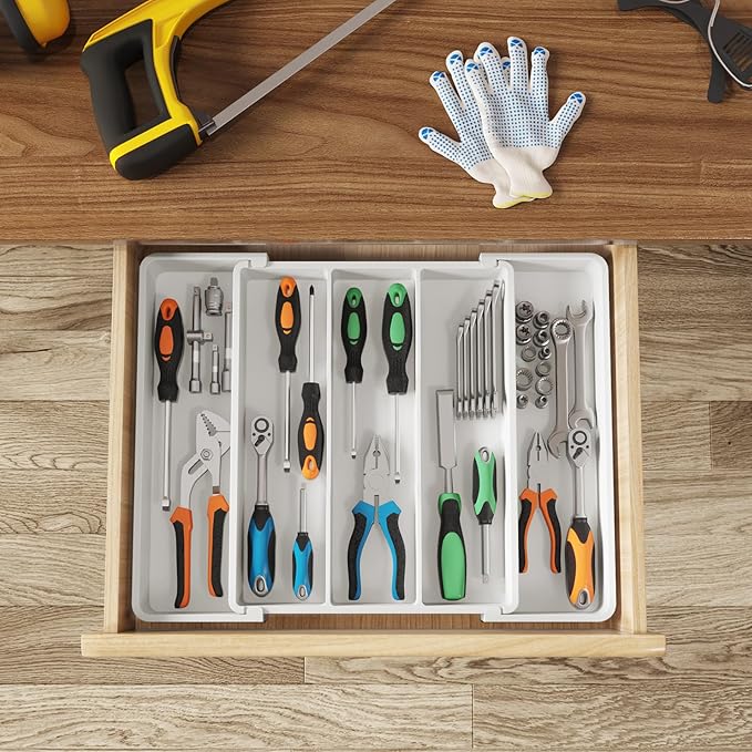 Lifewit Utensil Organizer for Kitchen Drawers, Expandable Cooking Utensil Tray, Adjustable Cutlery Silverware Flatware Holder, Plastic Spatula Tools Storage Divider, 11-18 x 14", White - Image 8