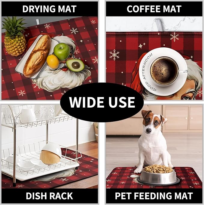 Santa Claus Christmas Dish Drying Mat Xmas Red and Black Buffalo Plaid Snowflake Drying Mats Winter Holiday Dishes Drying Pad Microfiber Absorbent Dish Drainer Rack Mat 18x24 Inch - Image 7