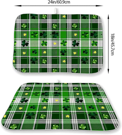 St. Patrick's Day Dish Drying Mat 18 x 24 Inch Green Buffalo Plaid Shamrock Drying Mat for Kitchen Counter Absorbent Spring Gold Green Clover Dishes Dry Pad for Drainer Rack Kitchen Fast Dry