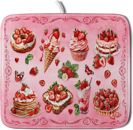 Pink Strawberry Dish Drying Mat for Kitchen Counter Washable Absorbent Dish Draining Mat 16×18in by Giwawa