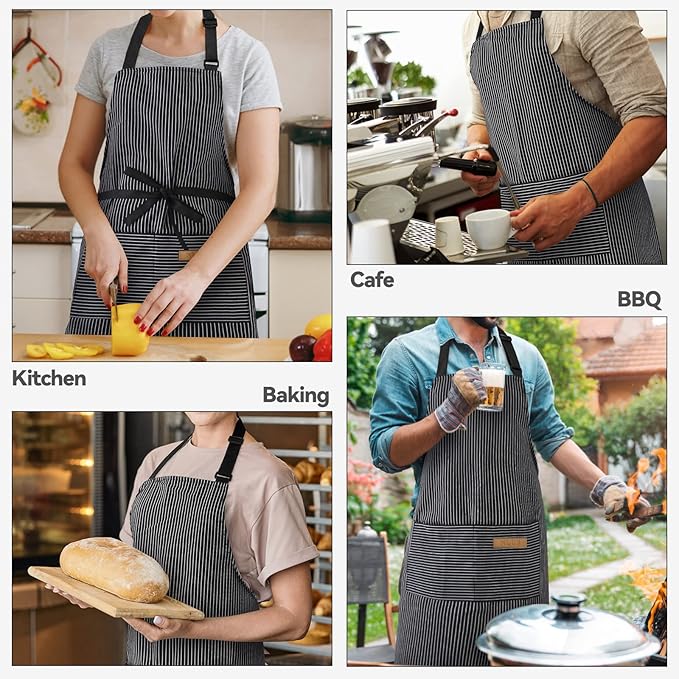 NLUS 2 Pack Kitchen Cooking Aprons, Adjustable Bib Soft Chef Apron with 2 Pockets for Men Women (Black Pinstripes) - Image 7