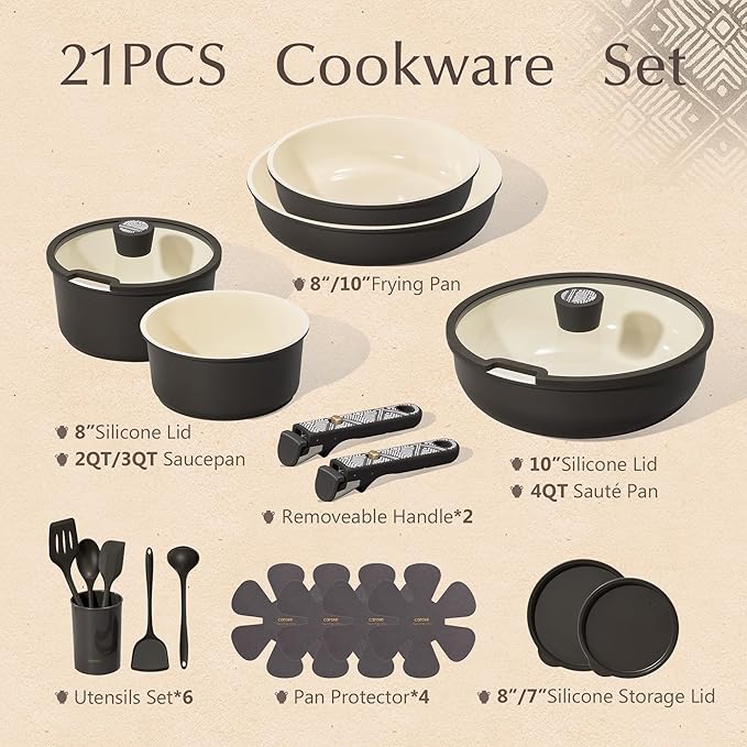 CAROTE 21-Piece Ceramic Cookware Set, Nonstick Pots and Pans Set with Detachable Handle, Non-Toxic Kitchen Cooking Set, Induction Compatible, Dishwasher & Oven Safe, Charcoal - Image 2