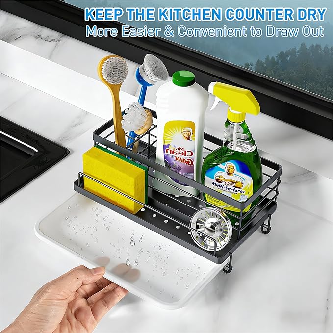 Cisily Gray Sponge Holder for Kitchen, Sink Caddy Sink Organizer Rack for Kitchen Accessories with Drip Tray, Rustproof and Non-slip, Soap Dispenser Countertop Organizer Essentials for New Home - Image 3