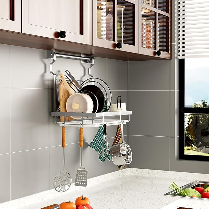 TQVAI Over Sink Dish Drainer Drying Rack, Stainless Steel Foldable Wall Mounted Dish Racks with Drainboard Hanging Rod and Sponge Holder, Silver - Image 8