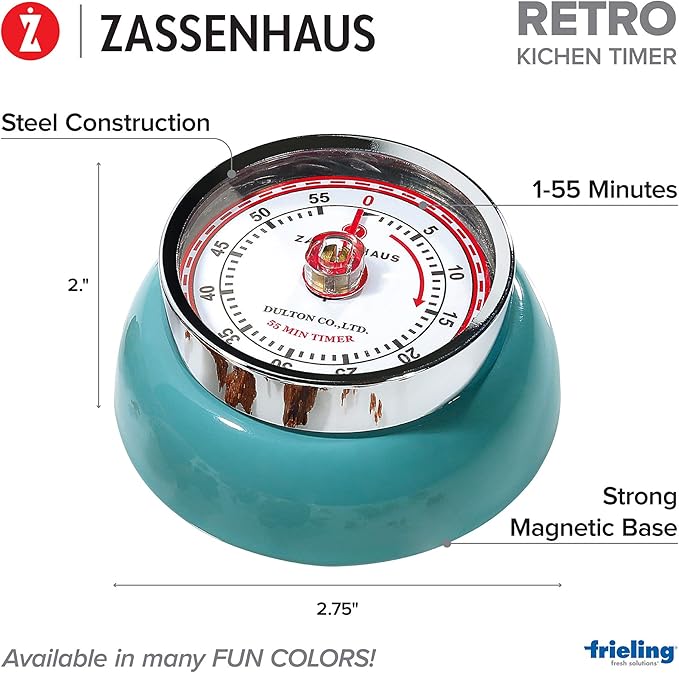 Zassenhaus Magnetic Retro 60 Minute Kitchen Timer, 2.75-Inch, Teal - Image 2