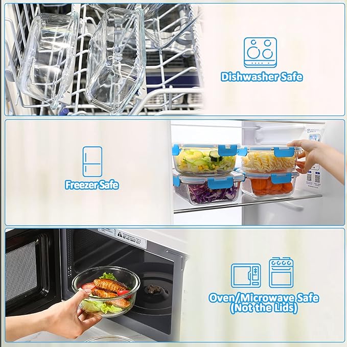 M MCIRCO 24-Piece Glass Food Storage Containers with Upgraded Snap Locking Lids,Glass Meal Prep Containers Set - Airtight Lunch Containers, Microwave, Oven, Freezer and Dishwasher, Blue - Image 4