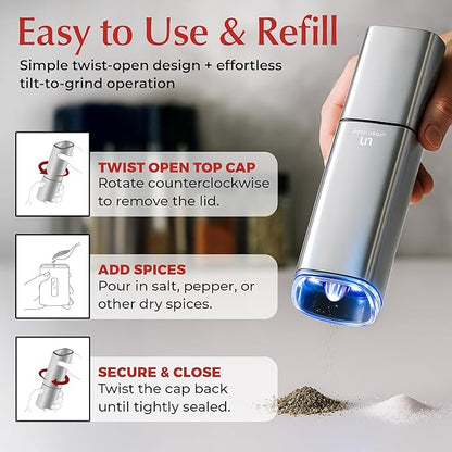 Automatic Salt and Pepper Grinder Set - Rechargeable Electric Salt and Pepper Shakers with Adjustable Coarseness, LED Light, One-Handed Use, Gravity Salt Grinder and Electric Pepper Mill - Image 2