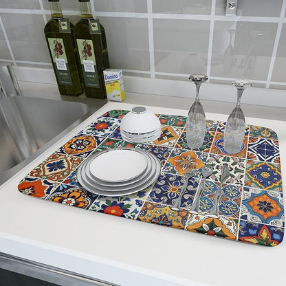 Talavera Mexican Tiles Dish Drying Mat for Kitchen Counter 16x18 Inch Mexican Flower Decorations Dish Draining Mat Mexican Tilt Fast Absorbent Tableware Dishes Pad for Coffee Bar Countertop