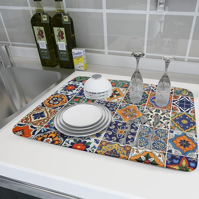 Talavera Mexican Tiles Dish Drying Mat for Kitchen Counter 18x24 Inch Mexican Flower Decorations Dish Draining Mat Mexican Tilt Fast Absorbent Tableware Dishes Pad for Coffee Bar Countertop