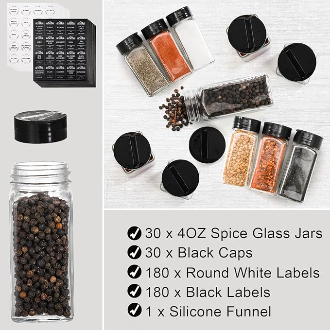 Tebery 30 Pack Glass Spice Jars Square Glass Bottles with Black Caps, 4oz Empty Spice Containers Shakers Complete Organizer Set Includes Wide Funnel and Labels - Image 2