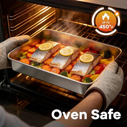 LIANYU 2 Pack Stainless Steel Baking Pan with Lid, 12⅓ x 9¾ x 2 Inch Rectangle Sheet Cake Pan, Lasagna Brownie Bakeware Set with Cover, Non-Toxic & Dishwasher Safe (2 Pans + 2 Lids)