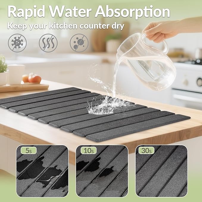 Large Stone Dish Drying Mat for Kitchen Counter, 24"x16"&8"x4", Foldable Fast-Drying Diatomaceous Earth Dish Mat, 2PCS Eco-Friendly Water Absorbent Pads Set for Kitchen Bathroom, Gray