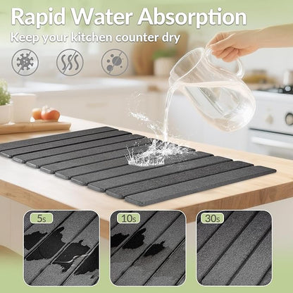 Large Stone Dish Drying Mat for Kitchen Counter, 24"x16"&8"x4", Foldable Fast-Drying Diatomaceous Earth Dish Mat, 2PCS Eco-Friendly Water Absorbent Pads Set for Kitchen Bathroom, Gray