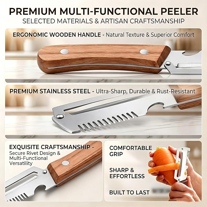 Multi-Functional Vegetable Peeler, 3 in 1 Multi Functional Wooden Handle Peeler and Bottle Opener,Kitchen Gadgets Tool，Grater & Bottle Opener for Potato, Carrot, Apple, Fruit & Vegetable (1pcs)
