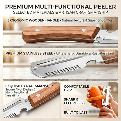 Multi-Functional Vegetable Peeler, 3 in 1 Multi Functional Wooden Handle Peeler and Bottle Opener,Kitchen Gadgets Tool，Grater & Bottle Opener for Potato, Carrot, Apple, Fruit & Vegetable (1pcs)