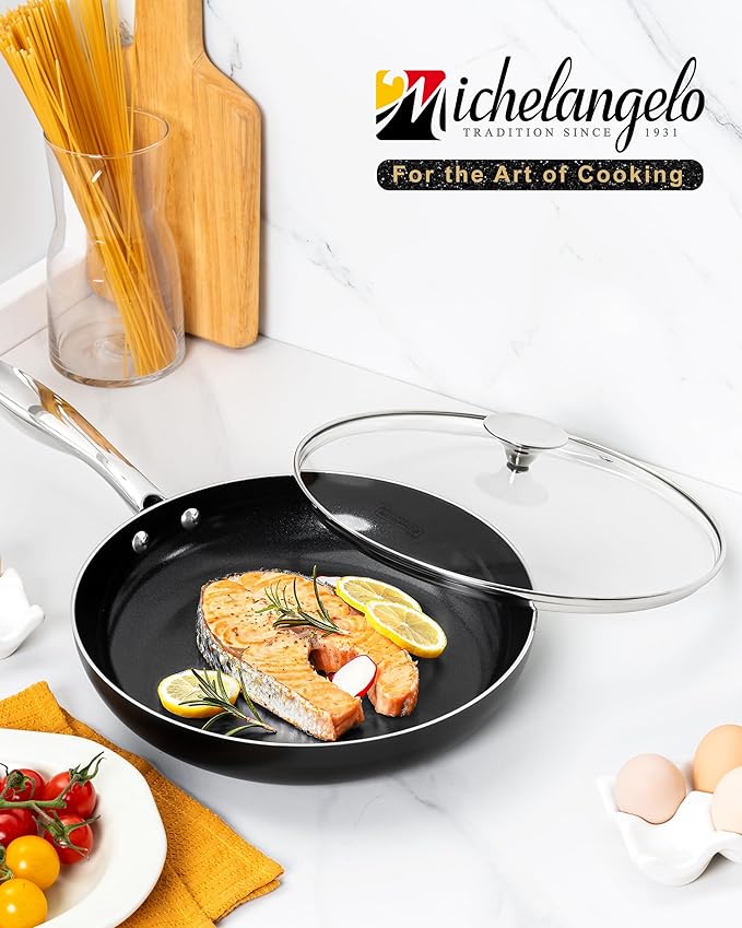MICHELANGELO Ceramic Frying Pan - 10 Inch Frying Pan Nonstick with Lid, Non-Toxic Skillet with Stainless Steel Handle, Nonstick Skillet, Black - Image 7