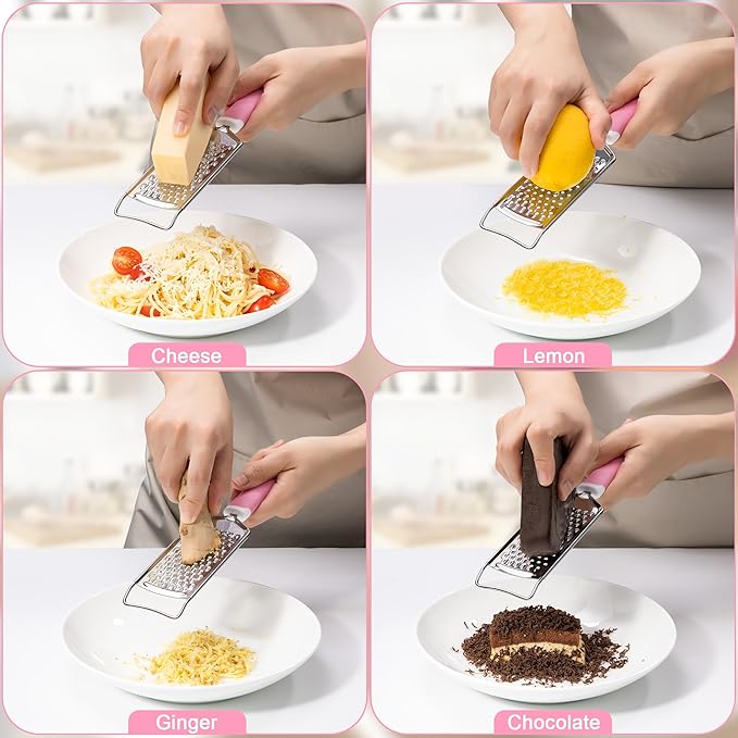 Rainspire Professional Cheese Graters for Kitchen Stainless Steel Handheld, Metal Lemon Zester Grater With Handle For Cheese, Chocolate, Spices, Kitchen Gadgets And Tools, Soft Grip Handle, Pink - Image 5
