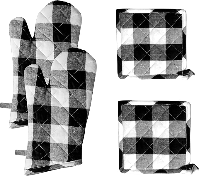 Native Fab Buffalo Plaid Check Oven Mitts and Pot Holders Set of 4, 100% Cotton Heat Resistant Kitchen Gloves, 2 Oven Mitts (7x13), 2 Pot Holders (8x8) for Cooking & Baking, Black White by NativeFab